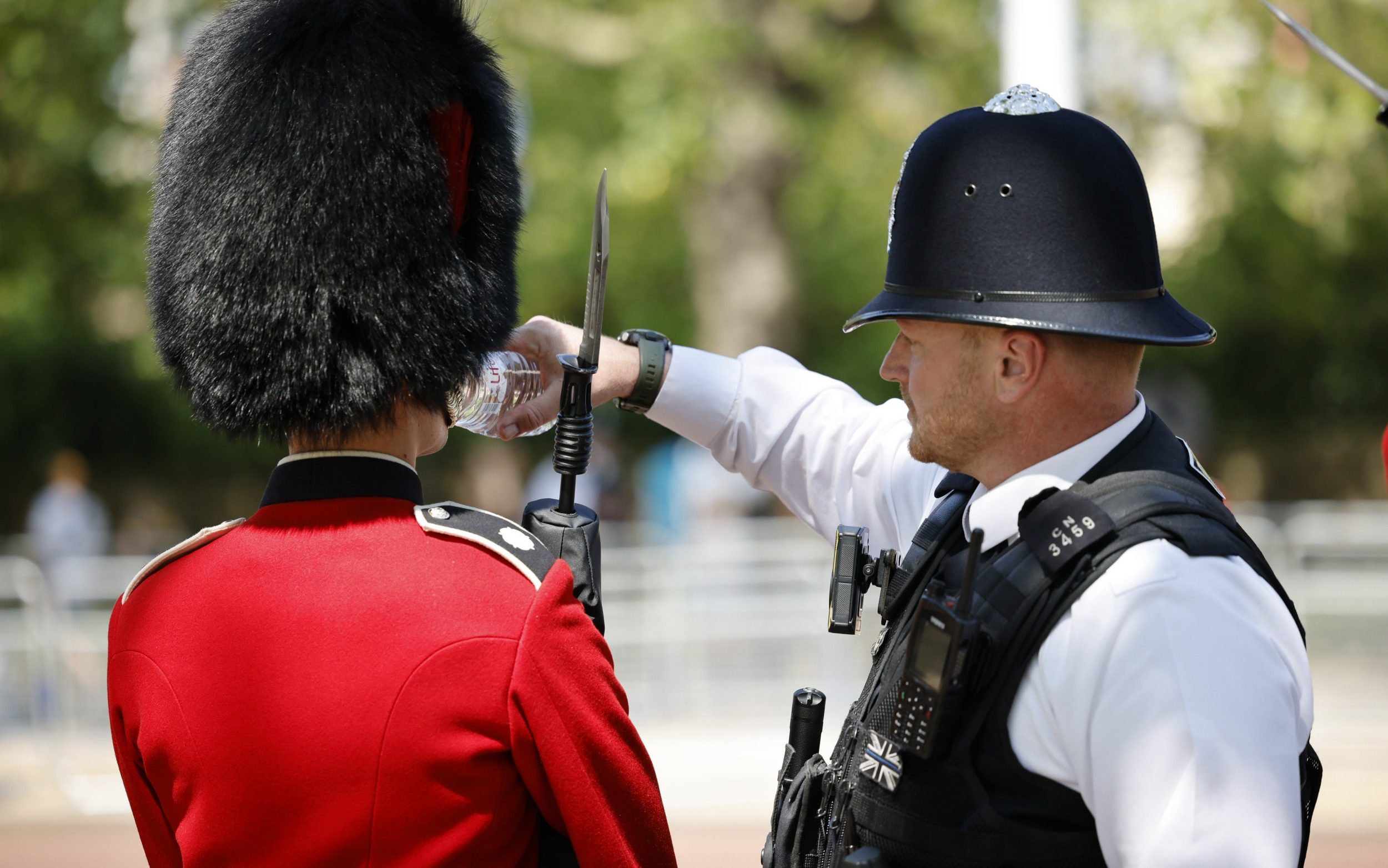 Pictured: Guardsman gets a helping hand to cool off as temperatures hit 30C