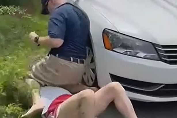 Shocking moment cop brutally assaults his 72-year-old neighbor