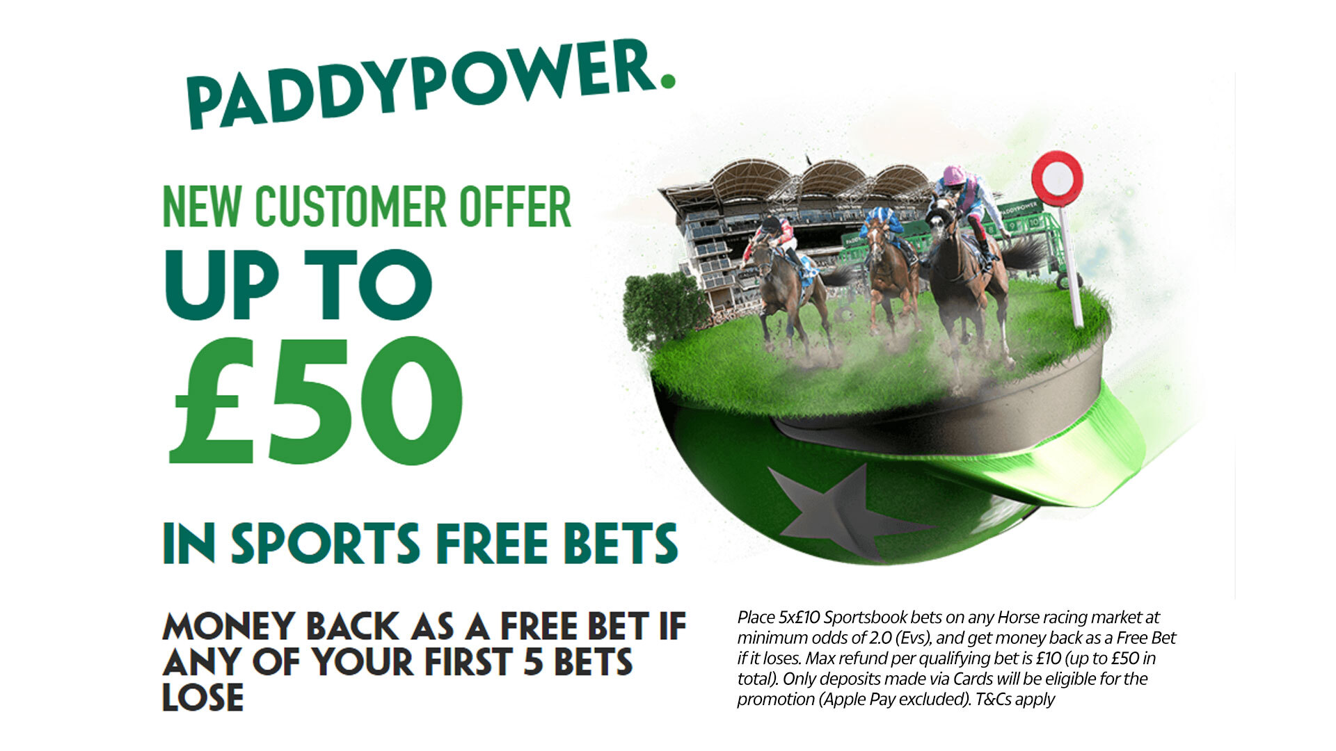 Get up to £50 back as free bets if any of your first five horse racing bets lose with Paddy Power offer