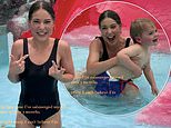 Louise Thompson wears a black swimsuit as she shares her joy at submerging herself in water for the first time in three months – after having stoma bag fitted