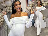 Pregnant Emily Miller displays her growing baby bump in a stylish white jumpsuit as she enjoys a lavish baby shower with her celebrity pals