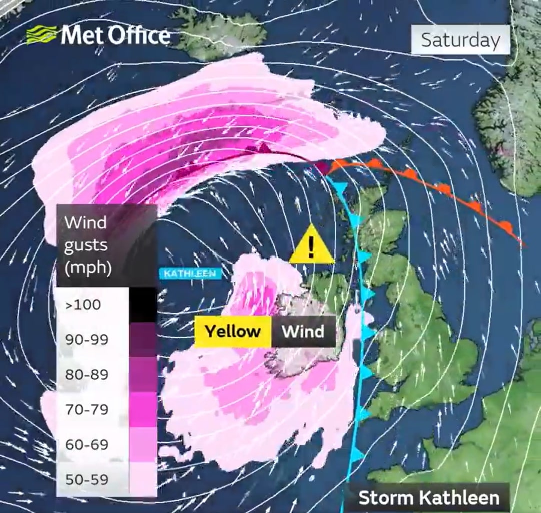 Storm Kathleen: Map reveals exact spot 90mph storm will hit TODAY as Met Office issues ‘danger to life’ warnings