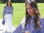 Jessica Alba cuts a fashionable figure in a striped blouse and bright white pants while heading to a meeting in Beverly Hills
